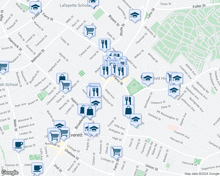 map of restaurants, bars, coffee shops, grocery stores, and more near 691 Broadway in Everett