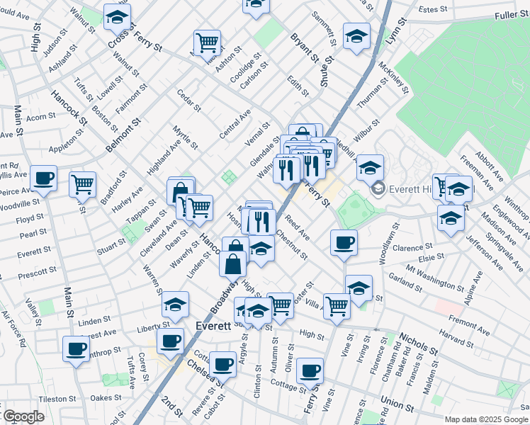 map of restaurants, bars, coffee shops, grocery stores, and more near 23 Raymond Street in Everett