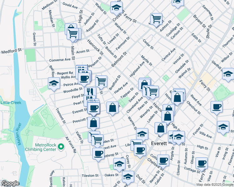 map of restaurants, bars, coffee shops, grocery stores, and more near 22 Harley Avenue in Everett