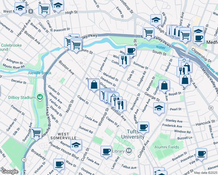 map of restaurants, bars, coffee shops, grocery stores, and more near 43 Orchard Street in Medford