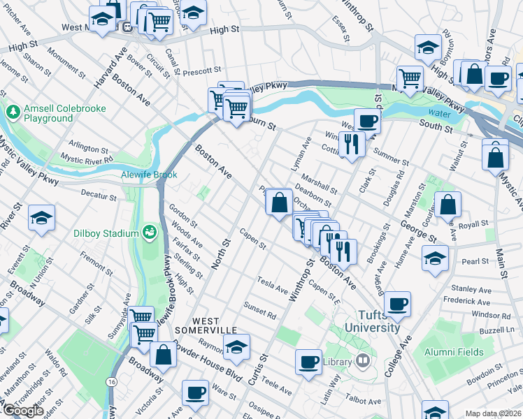 map of restaurants, bars, coffee shops, grocery stores, and more near 250 Boston Avenue in Medford