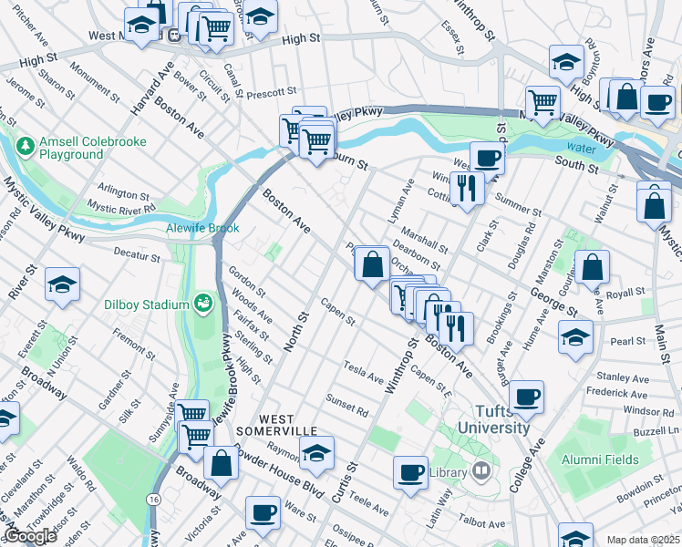 map of restaurants, bars, coffee shops, grocery stores, and more near 250 Boston Avenue in Medford