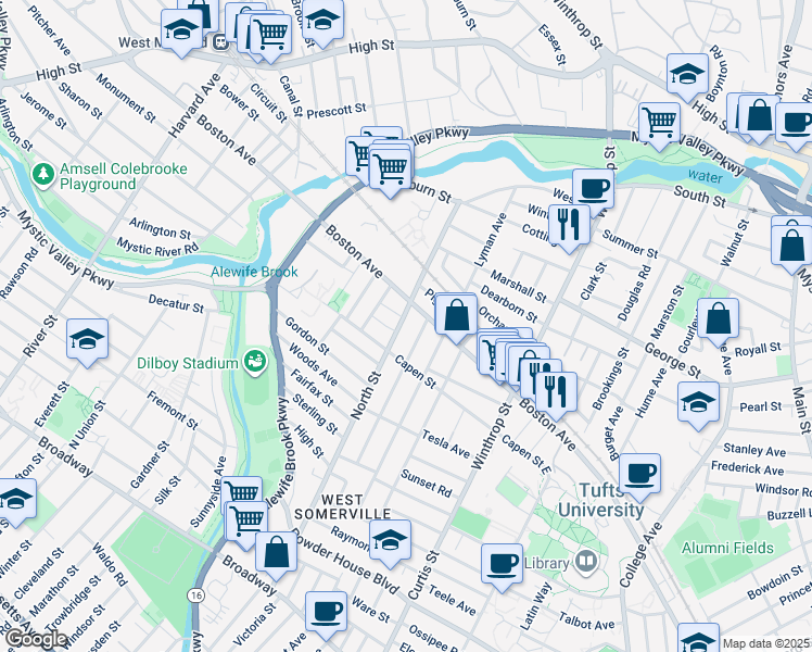 map of restaurants, bars, coffee shops, grocery stores, and more near 250 Boston Avenue in Medford