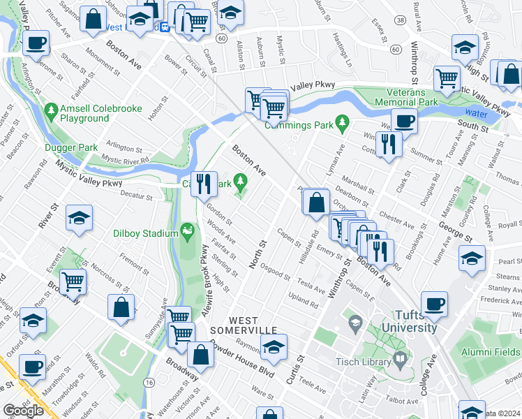 map of restaurants, bars, coffee shops, grocery stores, and more near 24 Pinkham Road in Medford