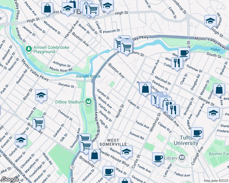 map of restaurants, bars, coffee shops, grocery stores, and more near 31 Harris Road in Medford