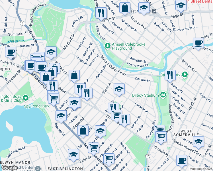 map of restaurants, bars, coffee shops, grocery stores, and more near 12 Exeter Street in Arlington