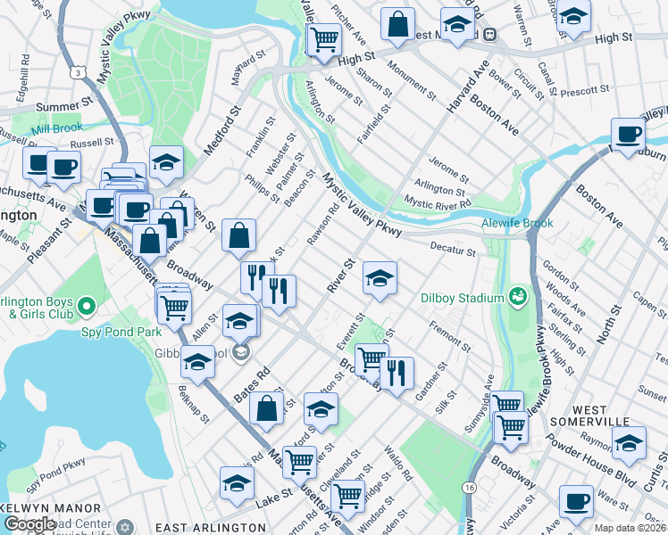 map of restaurants, bars, coffee shops, grocery stores, and more near 12 Exeter Street in Arlington