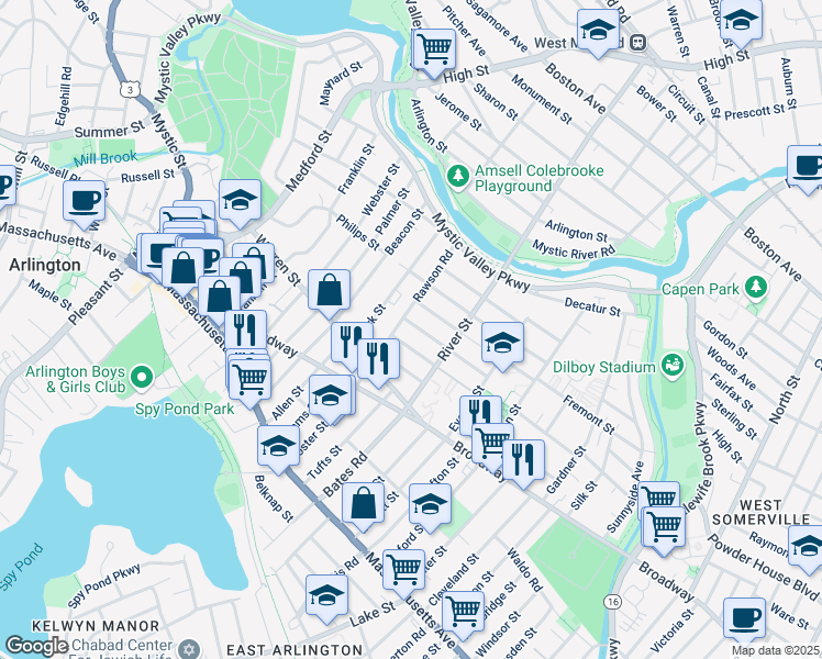 map of restaurants, bars, coffee shops, grocery stores, and more near 40-42 Dartmouth Street in Arlington