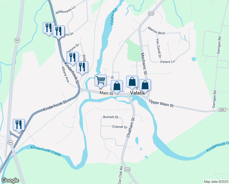 map of restaurants, bars, coffee shops, grocery stores, and more near 3203 Church Street in Valatie