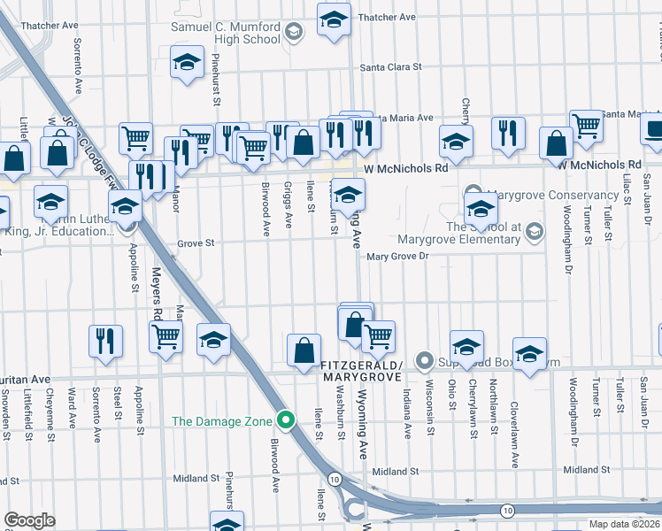 map of restaurants, bars, coffee shops, grocery stores, and more near 16631 Washburn Street in Detroit
