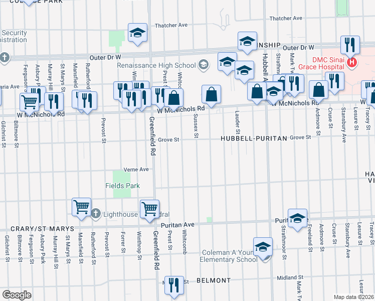map of restaurants, bars, coffee shops, grocery stores, and more near 16695 Sussex Street in Detroit