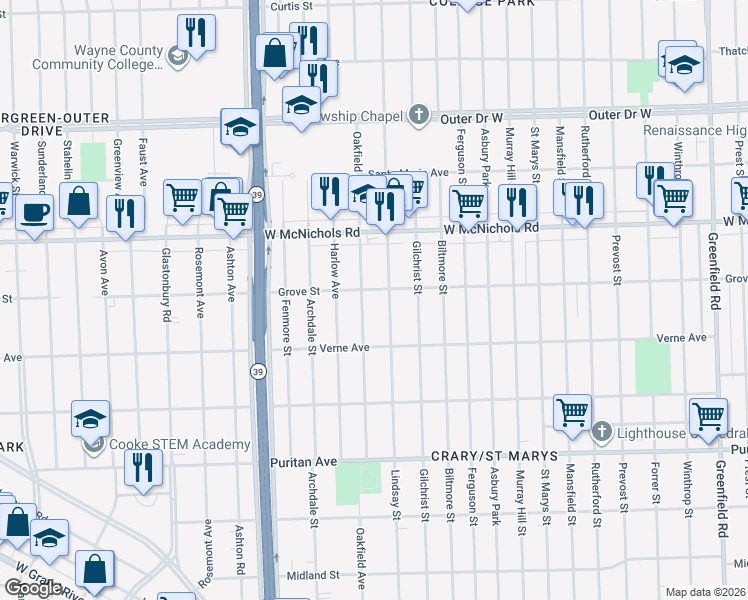 map of restaurants, bars, coffee shops, grocery stores, and more near 16800 Oakfield Avenue in Detroit