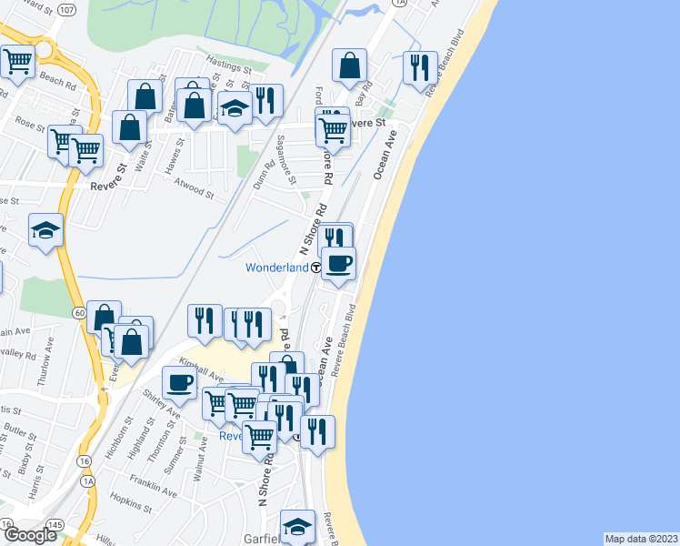 map of restaurants, bars, coffee shops, grocery stores, and more near 500 Ocean Avenue in Revere