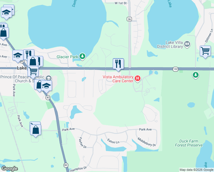 map of restaurants, bars, coffee shops, grocery stores, and more near 851 Sanctuary Drive in Lake Villa