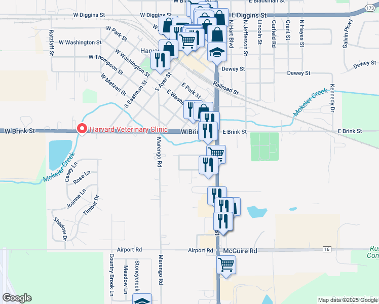 map of restaurants, bars, coffee shops, grocery stores, and more near 301 South Park Avenue in Harvard