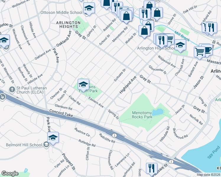 map of restaurants, bars, coffee shops, grocery stores, and more near 116 Scituate Street in Arlington