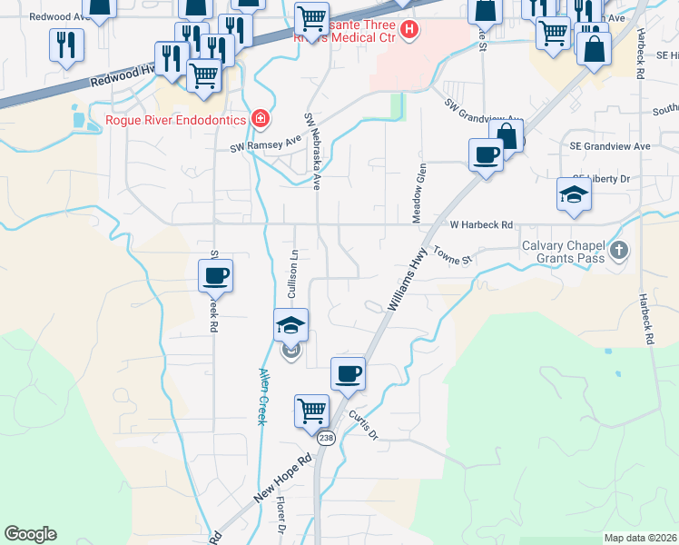map of restaurants, bars, coffee shops, grocery stores, and more near 2063 Southwest Nebraska Avenue in Grants Pass