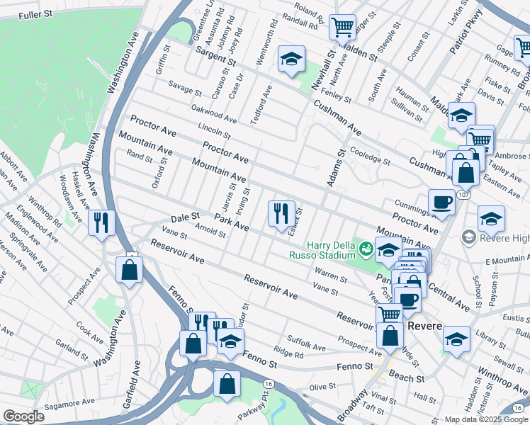 map of restaurants, bars, coffee shops, grocery stores, and more near 43 Hancock Street in Revere