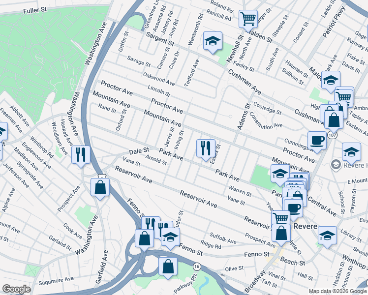 map of restaurants, bars, coffee shops, grocery stores, and more near 43 Hancock Street in Revere