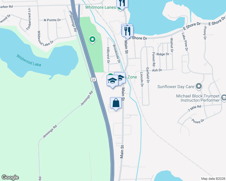 map of restaurants, bars, coffee shops, grocery stores, and more near 8877 Main Street in Whitmore Lake