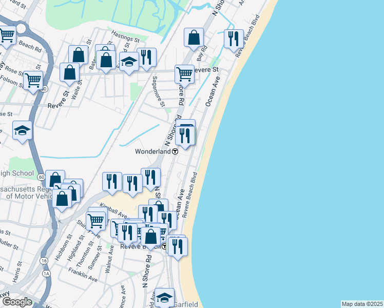 map of restaurants, bars, coffee shops, grocery stores, and more near 550 Ocean Avenue in Revere