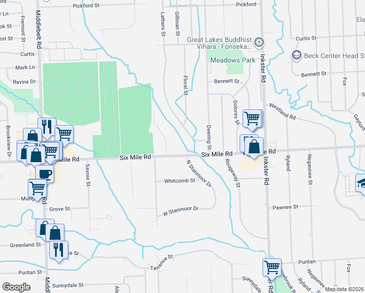 map of restaurants, bars, coffee shops, grocery stores, and more near 17204 Carol in Livonia