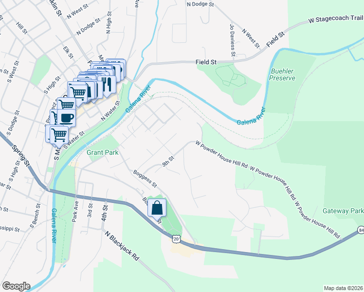 map of restaurants, bars, coffee shops, grocery stores, and more near 306 5th Street in Galena