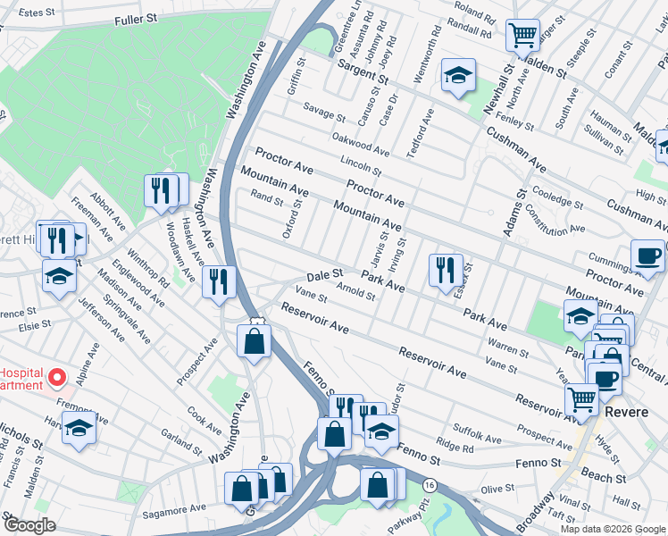 map of restaurants, bars, coffee shops, grocery stores, and more near 535 Park Avenue in Revere