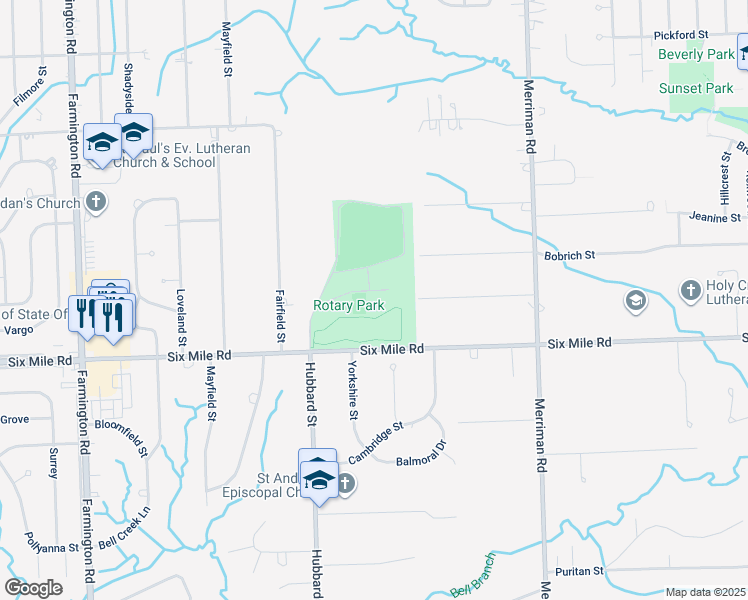 map of restaurants, bars, coffee shops, grocery stores, and more near 32300 Six Mile Road in Livonia
