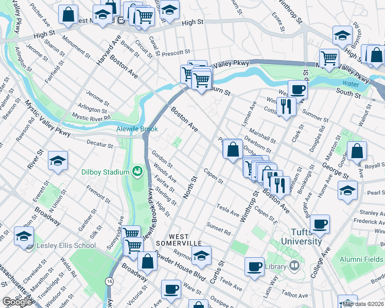map of restaurants, bars, coffee shops, grocery stores, and more near 24 Pinkham Road in Medford