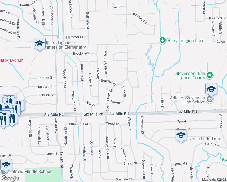 map of restaurants, bars, coffee shops, grocery stores, and more near 17546 Country Club Drive in Livonia