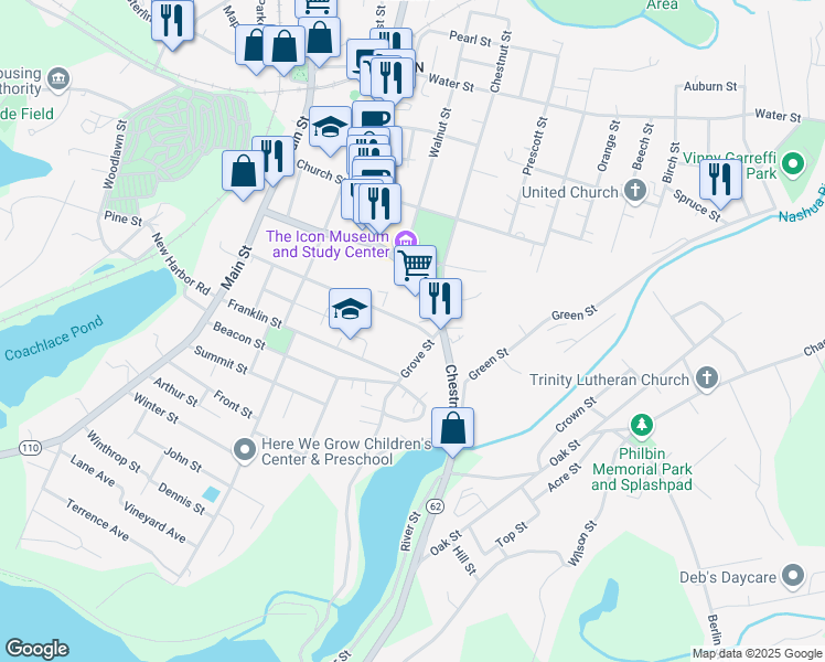 map of restaurants, bars, coffee shops, grocery stores, and more near 189 Pleasant Street in Clinton