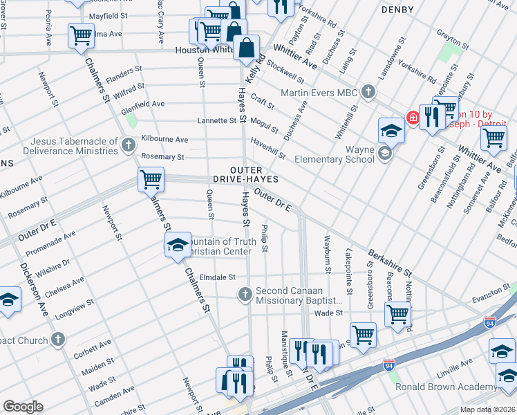 map of restaurants, bars, coffee shops, grocery stores, and more near 15231 Promenade Street in Detroit
