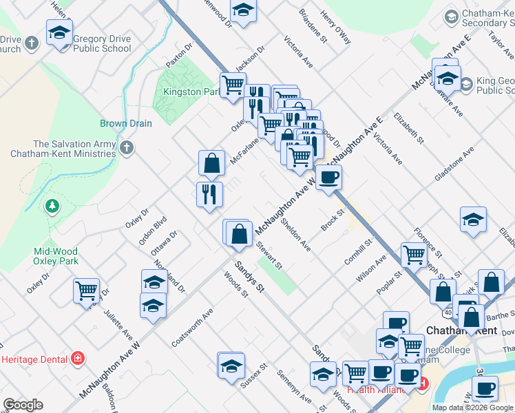 map of restaurants, bars, coffee shops, grocery stores, and more near 60 Sudbury Drive in Chatham