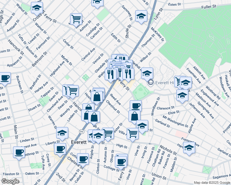 map of restaurants, bars, coffee shops, grocery stores, and more near 691 Broadway in Everett