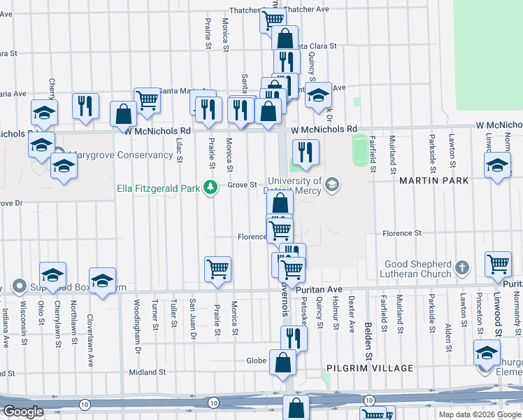 map of restaurants, bars, coffee shops, grocery stores, and more near 16615 Stoepel Street in Detroit
