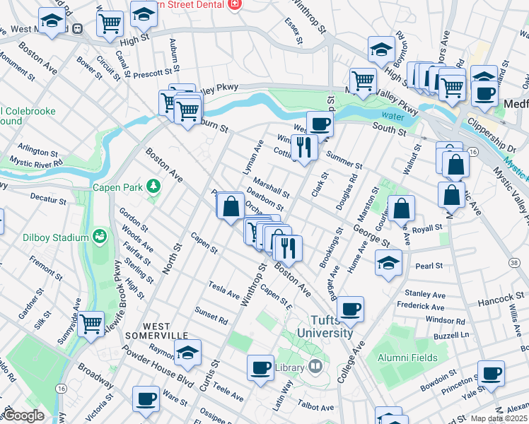 map of restaurants, bars, coffee shops, grocery stores, and more near 43 Orchard Street in Medford