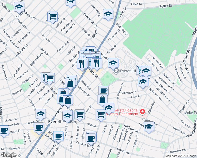 map of restaurants, bars, coffee shops, grocery stores, and more near 2 Loren Park in Everett