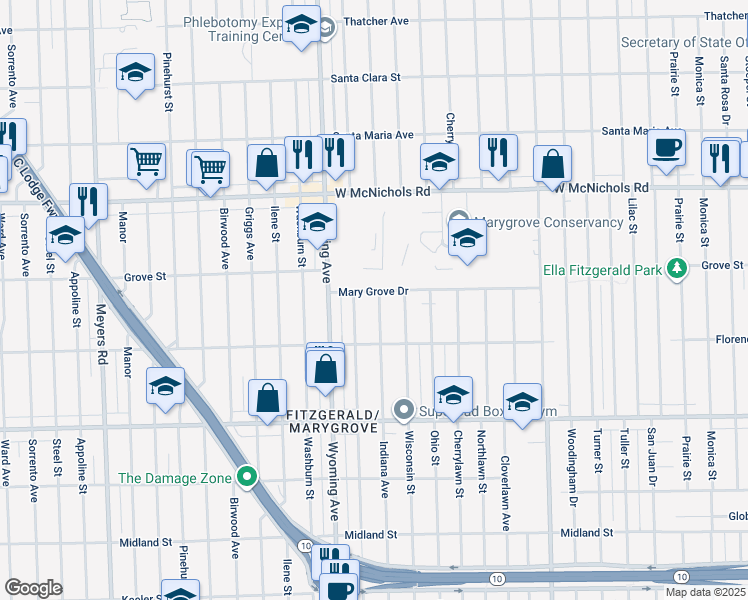 map of restaurants, bars, coffee shops, grocery stores, and more near 8807 Mary Grove Drive in Detroit