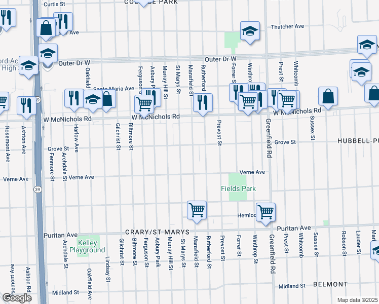 map of restaurants, bars, coffee shops, grocery stores, and more near 16763 Mansfield Street in Detroit