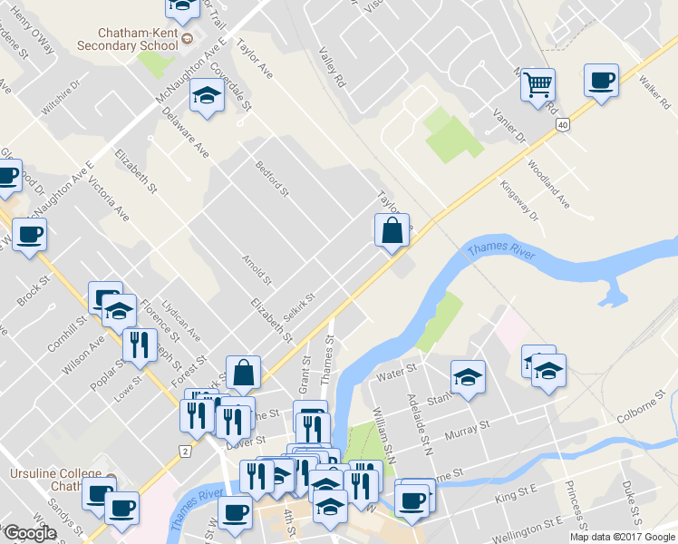 map of restaurants, bars, coffee shops, grocery stores, and more near 244 Selkirk Street in Chatham-Kent