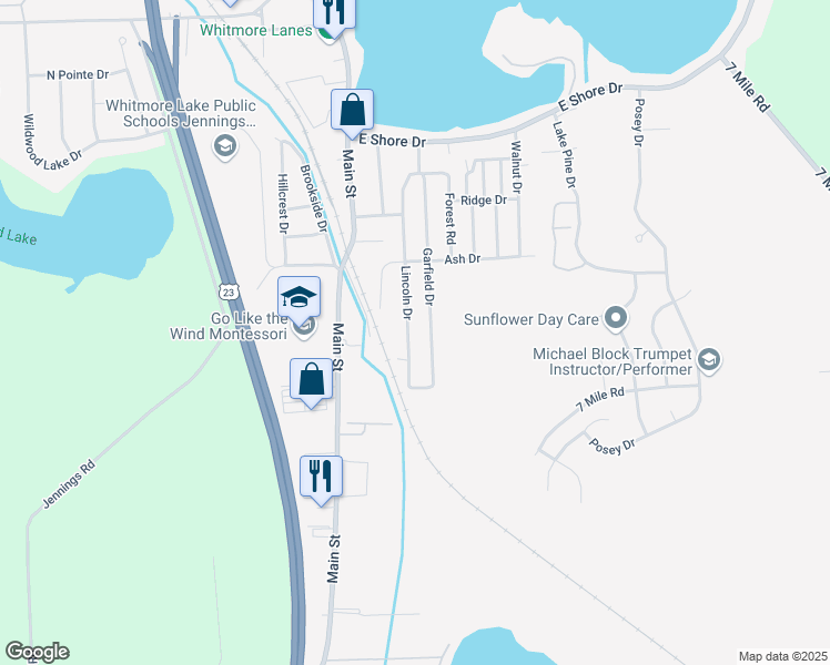 map of restaurants, bars, coffee shops, grocery stores, and more near 8856 Lincoln Drive in Whitmore Lake