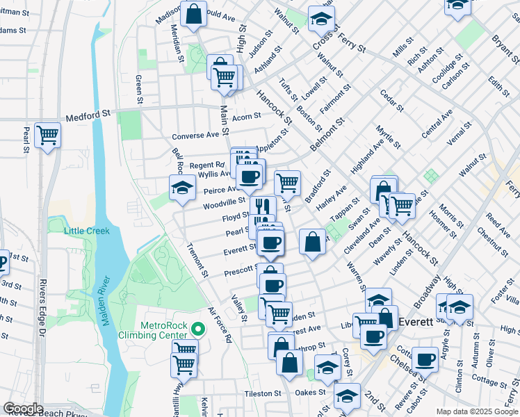 map of restaurants, bars, coffee shops, grocery stores, and more near 366 Main Street in Everett