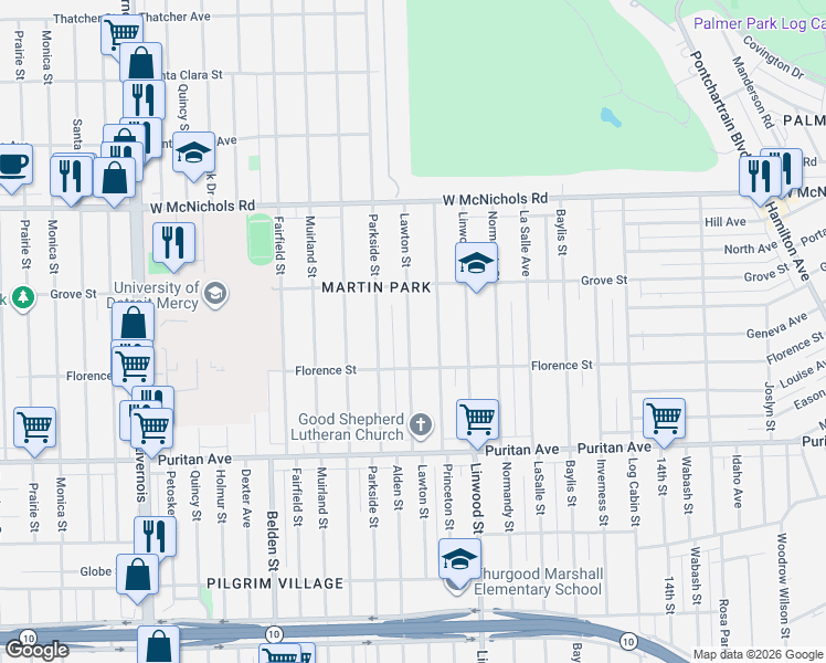 map of restaurants, bars, coffee shops, grocery stores, and more near 16600 Lawton Street in Detroit