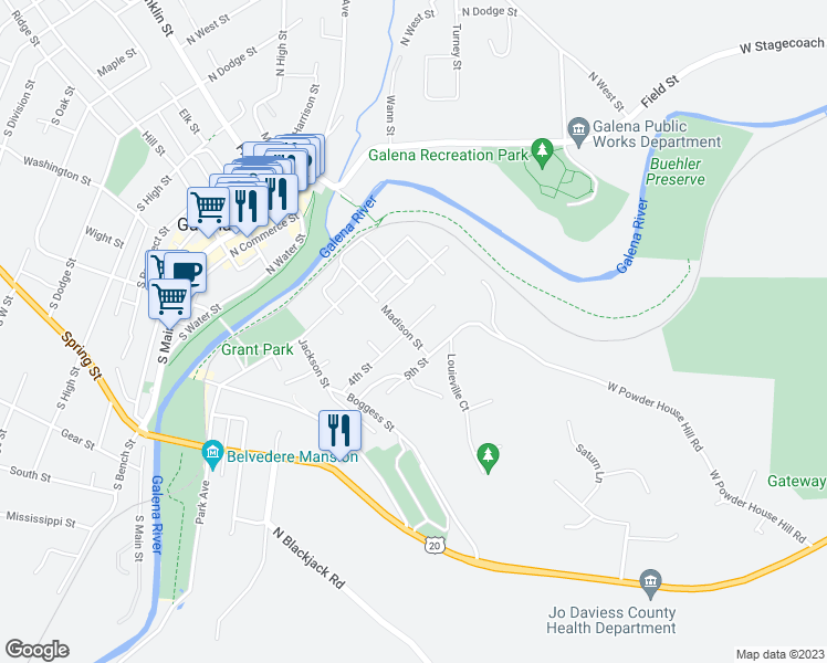 map of restaurants, bars, coffee shops, grocery stores, and more near 309 4th Street in Galena