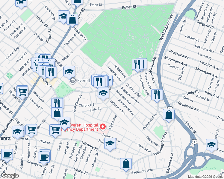 map of restaurants, bars, coffee shops, grocery stores, and more near 14 Jackson Avenue in Everett