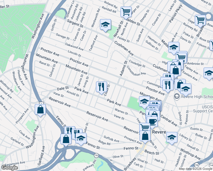 map of restaurants, bars, coffee shops, grocery stores, and more near 56 Furness Street in Revere