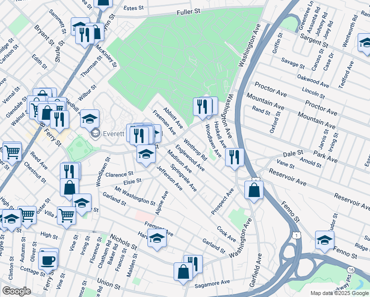 map of restaurants, bars, coffee shops, grocery stores, and more near 22 Winthrop Road in Chelsea