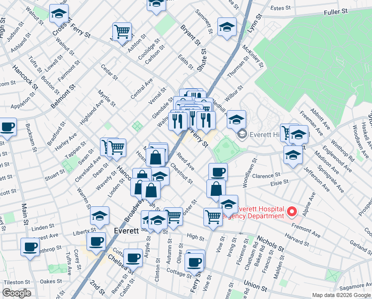 map of restaurants, bars, coffee shops, grocery stores, and more near 691 Broadway in Everett