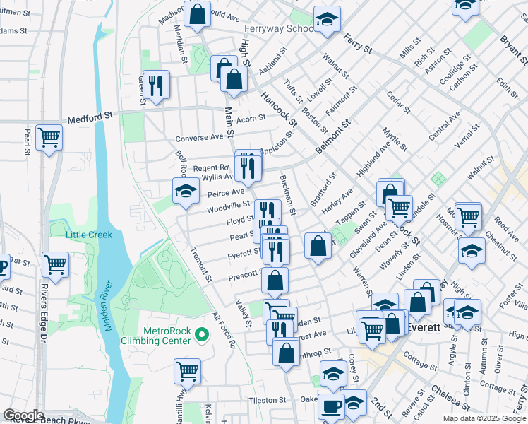 map of restaurants, bars, coffee shops, grocery stores, and more near 366 Main Street in Everett